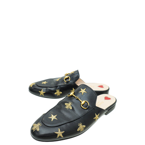 Gucci Black Bee Star Embroidered Princetown Mules 38